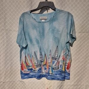 Alfred Dunner Petite Artistic Medium Blue Sailboat Print Tee